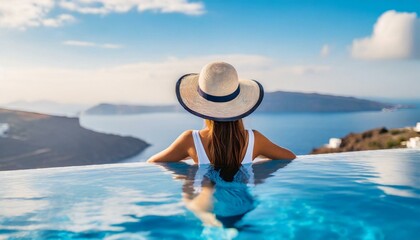 Fototapeta na wymiar Beautiful women on vacation at Santorini relaxing in swimming pool looking out over ocean. 