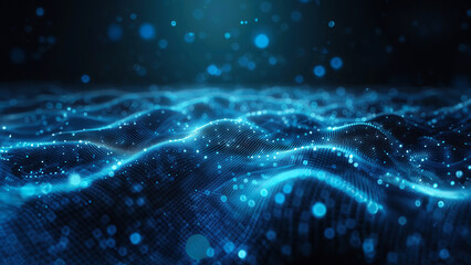 wave is reflected in a dark background, in the style of systems art, data visualization, light blue and white, interlacing artifacts, angular lines, tilt shift, infinity nets 