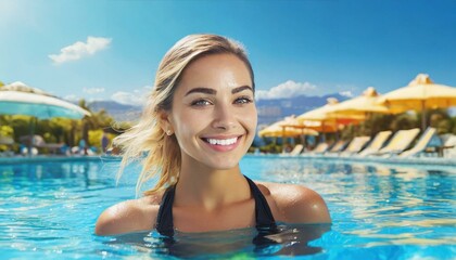 Portrait of happy young blonde woman in waterpark swimming pool.