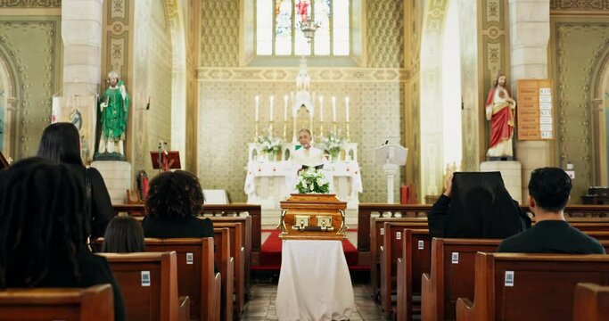 Family, christian church and catholic for funeral, walking isle and sunday service for condolences and death. Pastor, preacher person and benches at cathedral, synagogue and chapel and farewell
