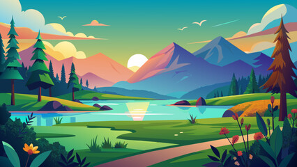 sunrise in the mountains, landscape with lake and mountains vector background 