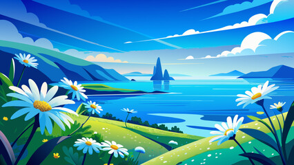 lake and blue sky , landscape with lake and mountains vector background 