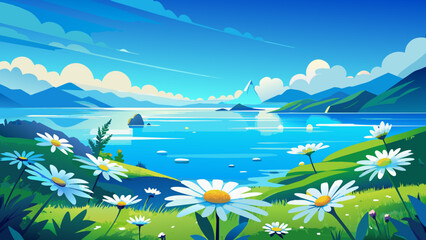 lake and blue sky , landscape with lake and mountains vector background 