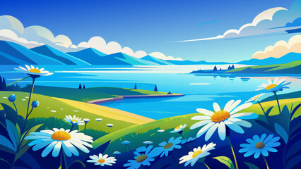 Fototapeta na wymiar lake and blue sky , landscape with lake and mountains vector background 