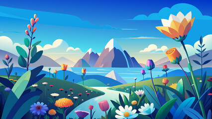 Fototapeta na wymiar landscape with flowers and mountains