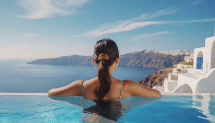 Beautiful women on vacation at Santorini relaxing in swimming pool looking out over ocean