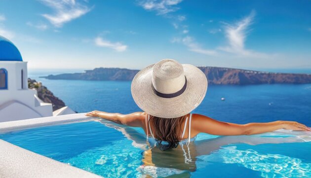 Beautiful women on vacation at Santorini relaxing in swimming pool looking out over ocean - Powered by Adobe