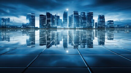 Fototapeta na wymiar Skyscrapers cast reflections in azure water, creating a stunning urban skyline