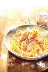 Watercolor painting of a dish of al dente spaghetti with tomatoes and prosciutto. Italian pasta carbonara.