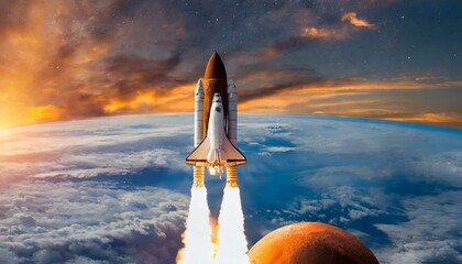 New space rocket lift off. Space shuttle with smoke and blast takes off into space on a background of blue planet earth with amazing sunset
