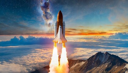 New space rocket lift off. Space shuttle with smoke and blast takes off into space on a background of blue planet earth with amazing sunset. - Powered by Adobe