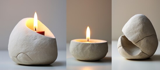 DIY how to make a stone shaped plaster tea candle holder for interior decor - obrazy, fototapety, plakaty