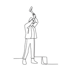 One continuous line drawing of the people are splitting wood in the forest using the ax in their hands vector illustration. Splitting wood activity illustration in simple linear style vector design.