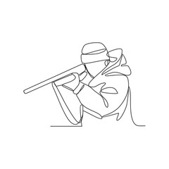 One continuous line drawing of a hunter is hunting animals in the forest with a rifle vector illustration. Hunting animal in forest activity illustration in simple linear style vector design concept.