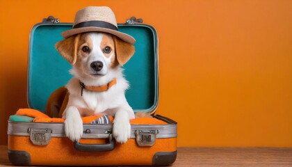 Cute dog going on vacation in a suitcase, pink background with copyspace to side 
