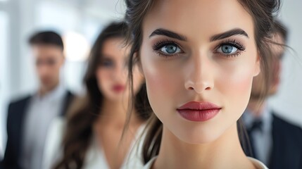 Beautiful woman face against the background of business people 