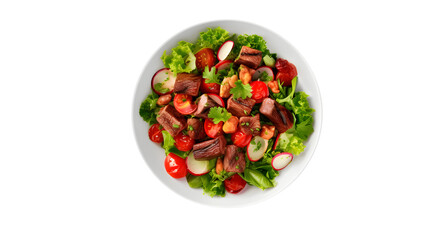 Fresh green vegetable salad with lettuce, tomatoes, cucumber, avocado, meat in a plate isolated on transparent background, top view.  Healthy diet food.