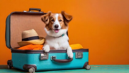Cute dog going on vacation in a suitcase, orange background with copyspace to side