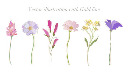 Spring flower and leaf illustration with gold line. Simple and flat design botanical flowers vector illustration set.