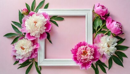 White frame with pink peony flowers on a pink background, top view, copy space, flat lay, mockup.	
