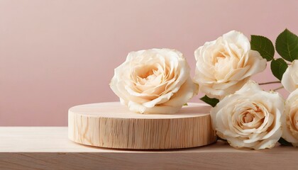Wood podium beige rose flowers on pink pastel background with space. 