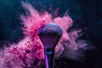 Makeup brushes with scattering pink and blue powder on a dark background
