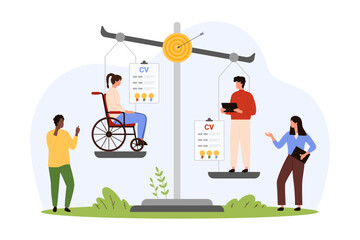 Discrimination of employee with disability and ableism, unequal career opportunity. Tiny people weighing professional skills on scales, inequality for woman in wheelchair cartoon vector illustration