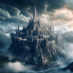 Magic castle in a mountain with dark clouds. - obrazy, fototapety, plakaty