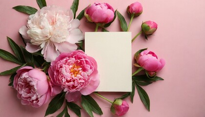 Beautiful peonies and blank card on pink background, flat lay. Space for text (buyuk).jpg, 811- Beautiful peonies and blank card on pink background, flat lay. Space for text