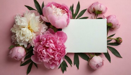 Obraz na płótnie Canvas Beautiful peonies and blank card on pink background, flat lay. Space for text (buyuk).jpg, 811- Beautiful peonies and blank card on pink background, flat lay. Space for text