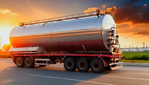 big metal fuel tanker truck in motion shipping fuel to oil refinery against sunset sky wallpaper created with generative ai