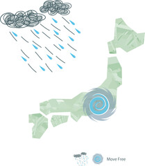 日本に上陸した台風と大雨のベクターイラスト