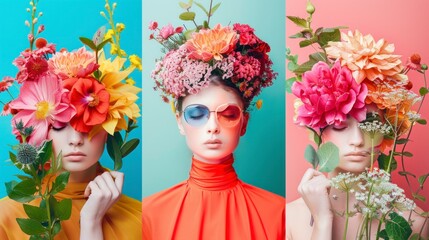 beautiful women portraits with flower theme professional makeup of real flowers with colorful background