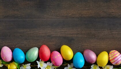 Fototapeta na wymiar Colorful Easter Egg bottom border over a dark wood banner background. Copy space. 