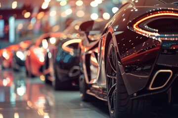 Row of sports cars at an exhibition in dealership with bright lighting