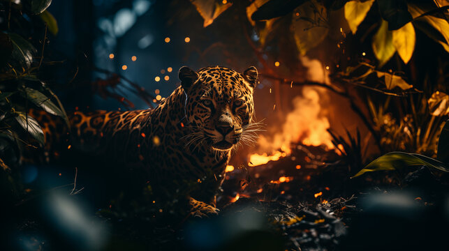 amazonic panther, on&ccedil;a pintada, burning forest