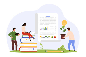 Business school, knowledge and education for success of new project. Tiny people study with books, research literature and information analysis with charts and graphs cartoon vector illustration