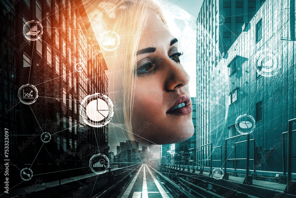 Poster data analysis for business and finance concept. interface showing future computer technology of prof