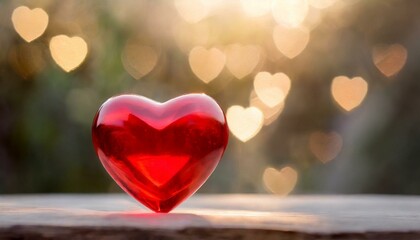 Fototapeta premium Red heart or love shaped glass object with a happy valentine day and blurred light background 