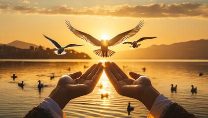 Hands open palm up worship with birds flying over calm water sunset background. Concept of praying for blessing from God. - obrazy, fototapety, plakaty