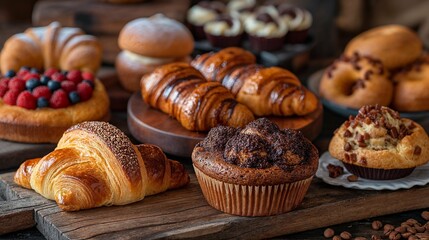 A variety of freshly baked pastries, including croissants and muffins, are neatly arranged on a table for display.