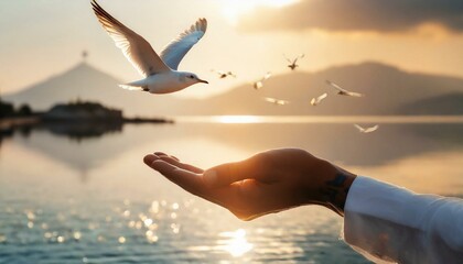 Hands open palm up worship with birds flying over calm water sunset background. Concept of praying for blessing from God