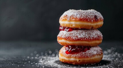 A stack of three sufganiyots donuts topped with powdered sugar, showcasing their delicious appearance.