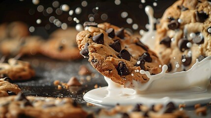 A chocolate chip cookie is seen falling into a glass of milk, creating a splash. - obrazy, fototapety, plakaty