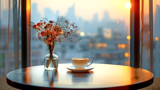 A cup of coffee at a hotel table with city view in the morning. seamless looping 4k time-lapse video background