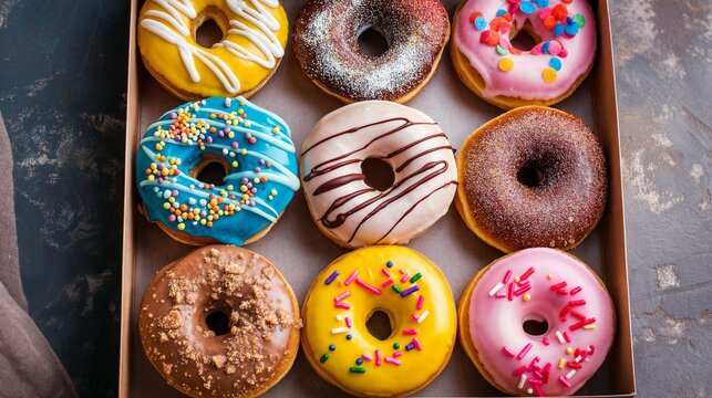 Box filled with a variety of colorful donuts of different flavors.
