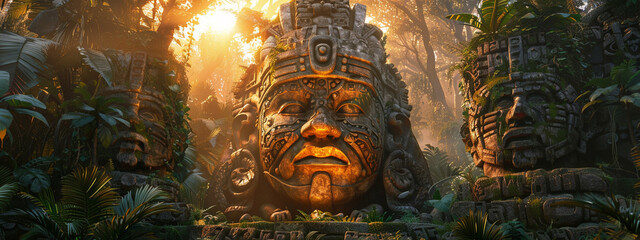 At sunrise, the ancient Mayan stone masks emerge amidst the jungle, casting an aura of mystery and wonder.