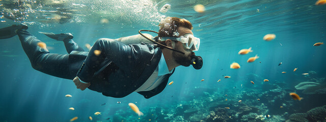 Underwater, amidst fish and donning a diving mask, a businessman navigates through the depths.