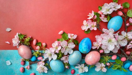 Fototapeta na wymiar Minimalistic Easter background with eggs in pastel pink colors with spring red flowers on a light blue background with copy space for text.
