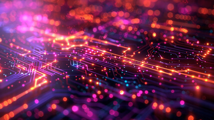 Obraz premium A circuit board emits an ethereal glow, adorned with neon red and blue lines, creating a mesmerizing display of technological prowess.